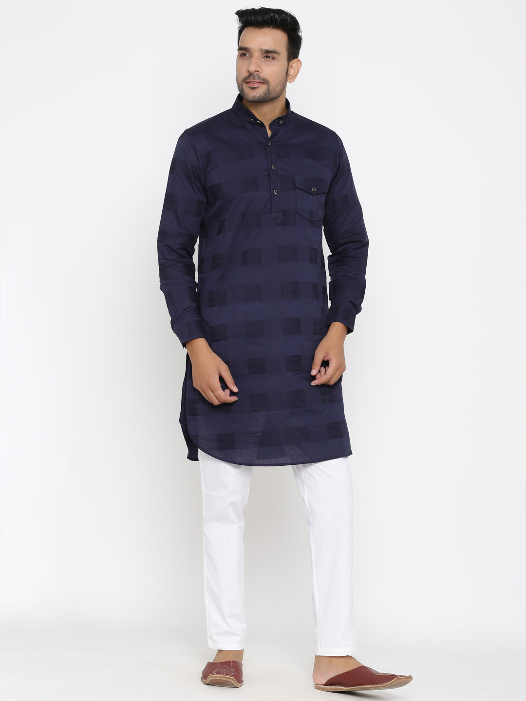 Textured Navy Blue Pathani Set ETHNIC COTLER