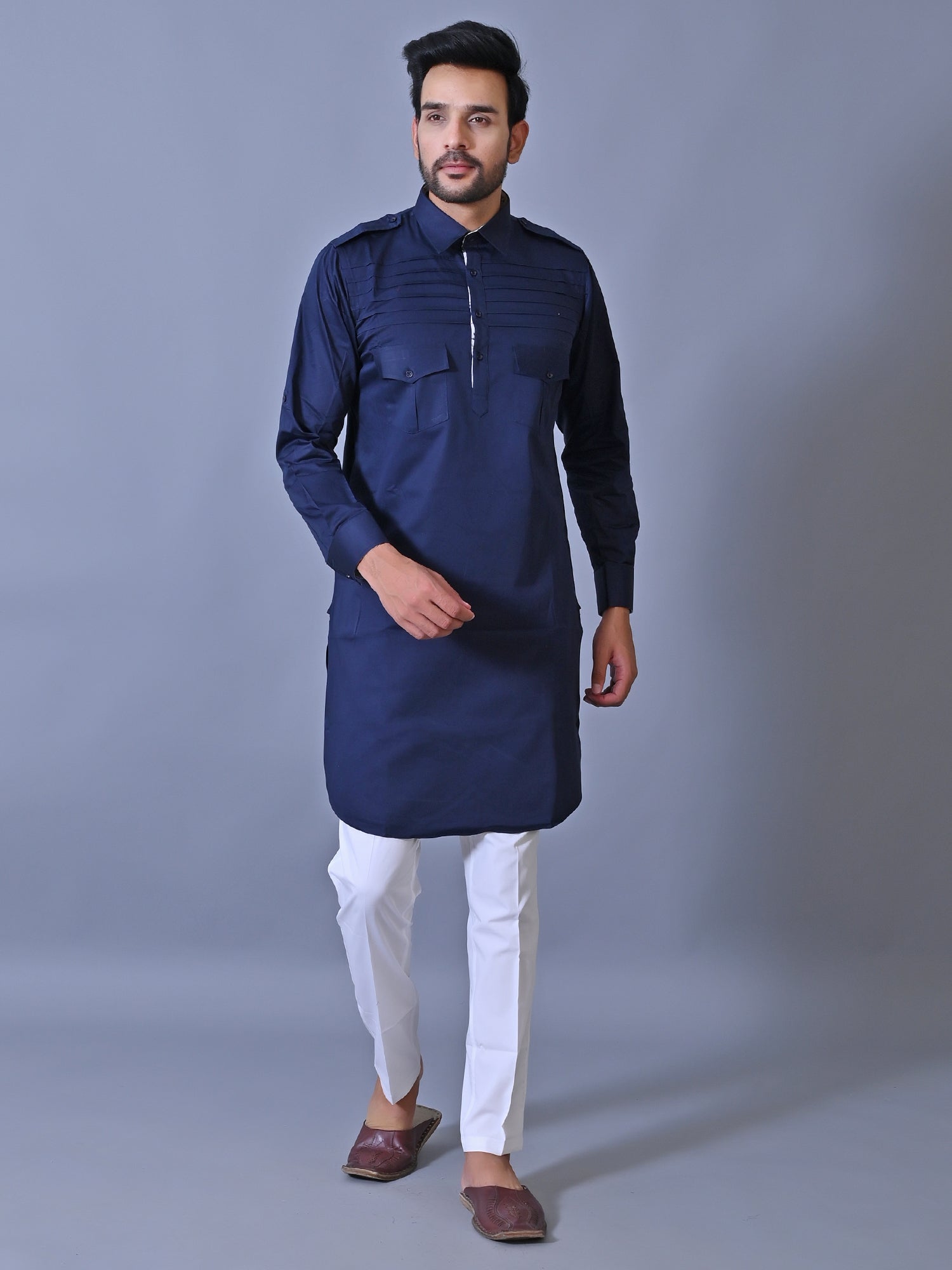 Solid Navy Blue Pathani Set ETHNIC COTLER