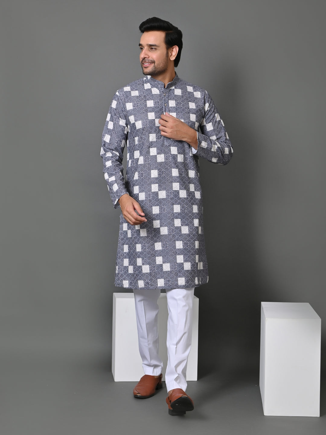 Checked Grey Kurta Set - KM34638-19