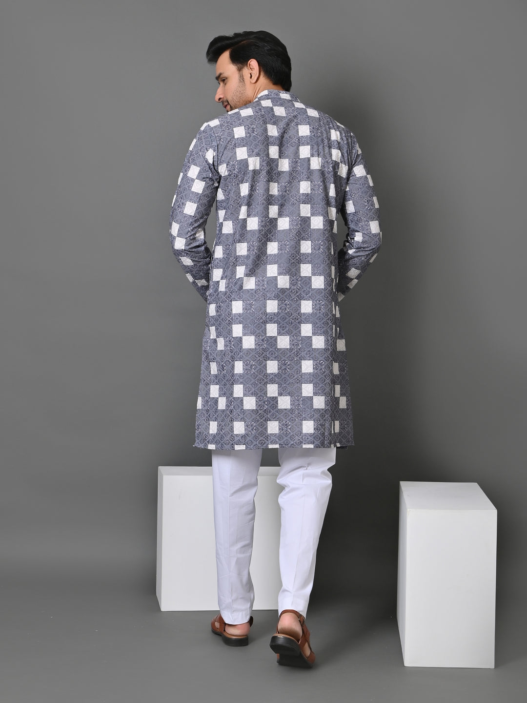 Checked Grey Kurta Set - KM34638-19