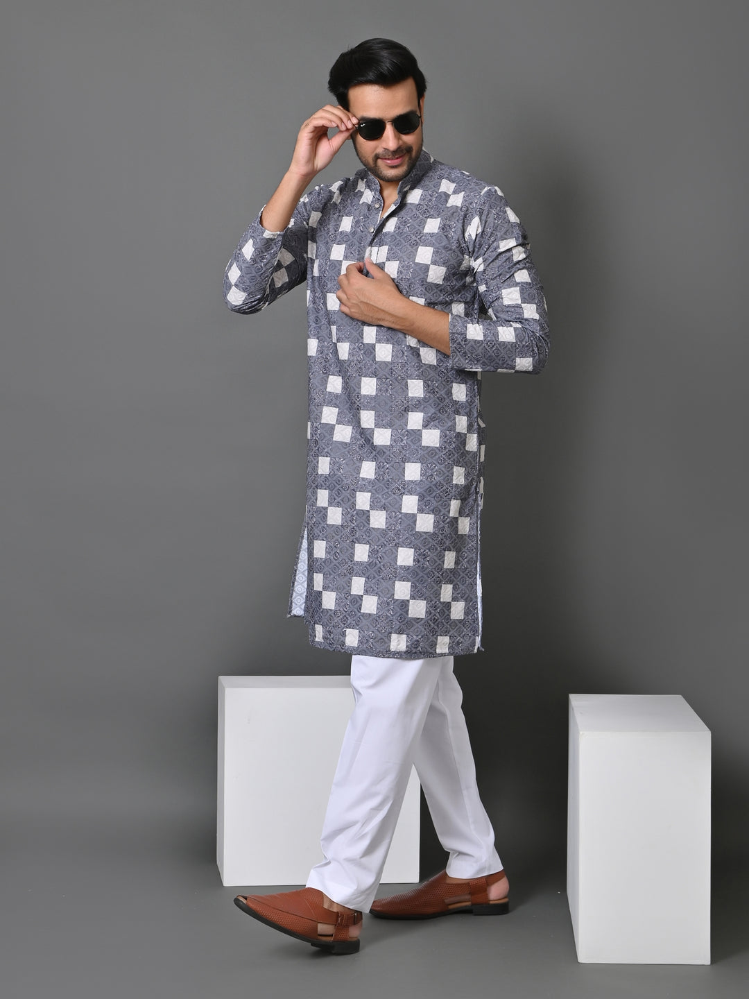 Checked Grey Kurta Set - KM34638-19