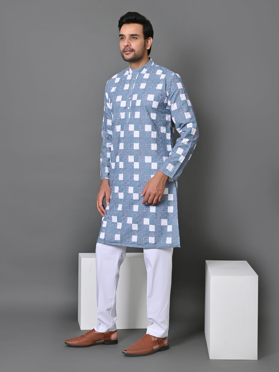 Checked Blue Kurta Set - KM34638-22