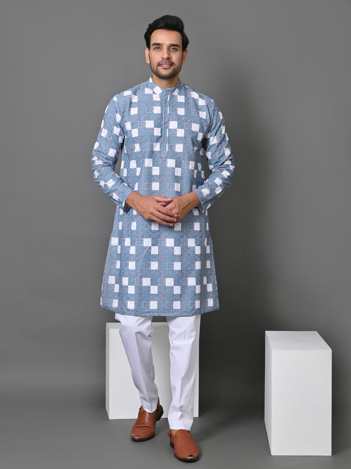 Checked Blue Kurta Set - KM34638-22