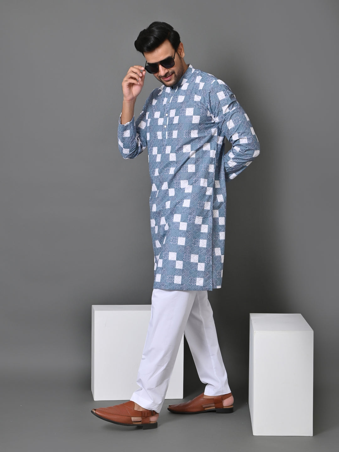 Checked Blue Kurta Set - KM34638-22