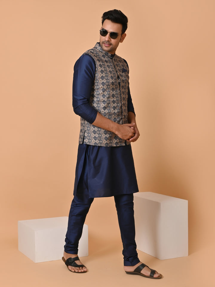 Abstract Navy Blue Jacket Kurta Set - JC32293-44C