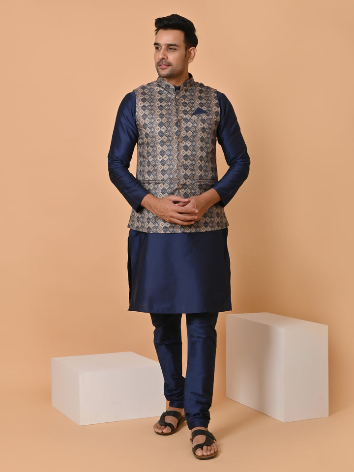 Abstract Navy Blue Jacket Kurta Set - JC32293-44C