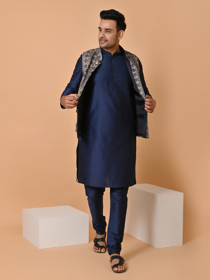 Abstract Navy Blue Jacket Kurta Set - JC32293-44C