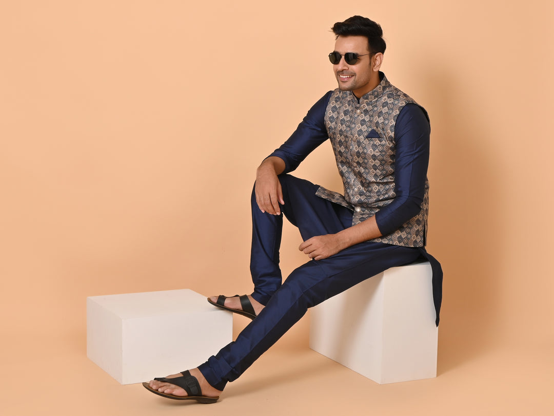 Abstract Navy Blue Jacket Kurta Set - JC32293-44C