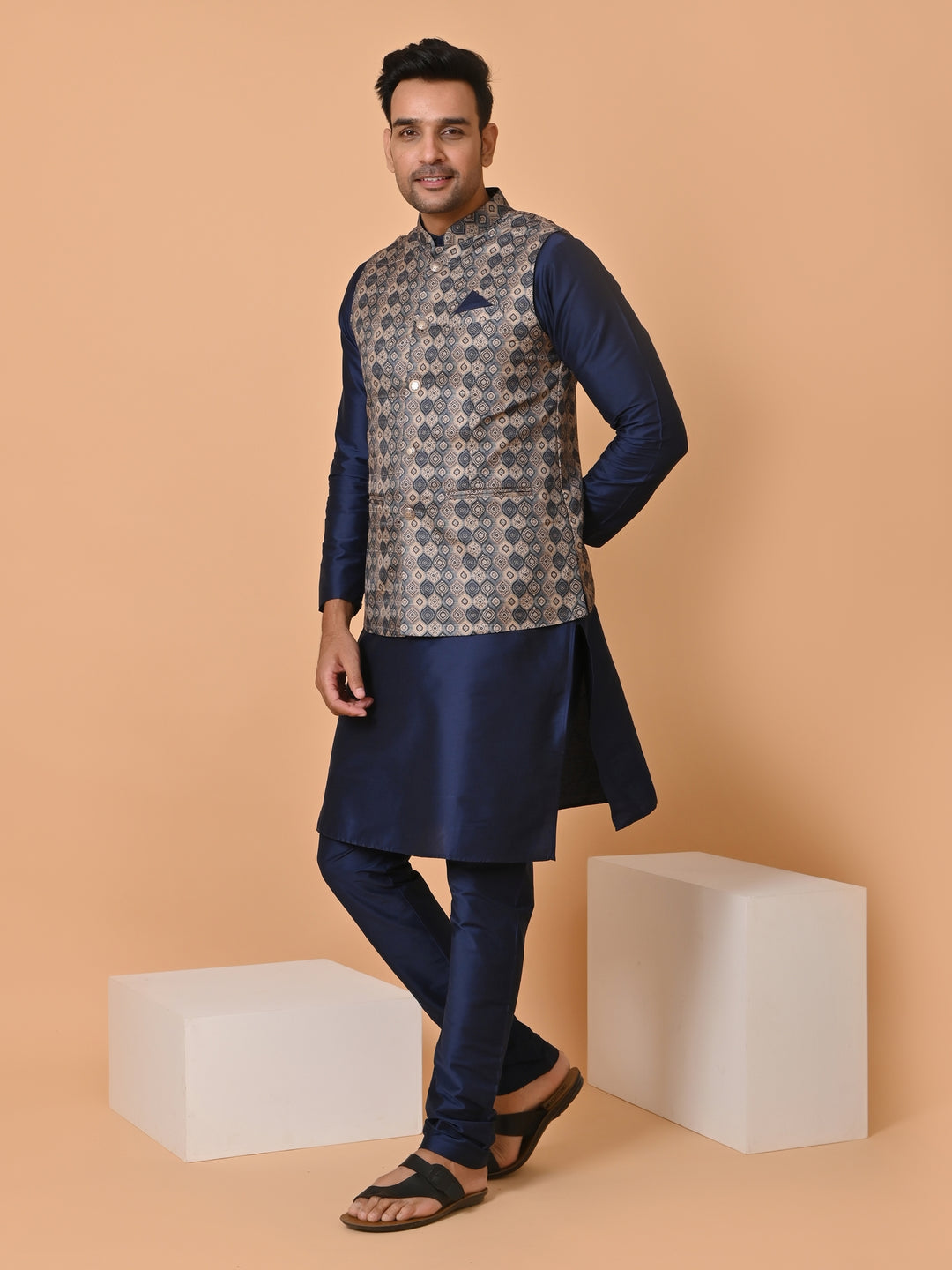 Abstract Navy Blue Jacket Kurta Set - JC32293-44C