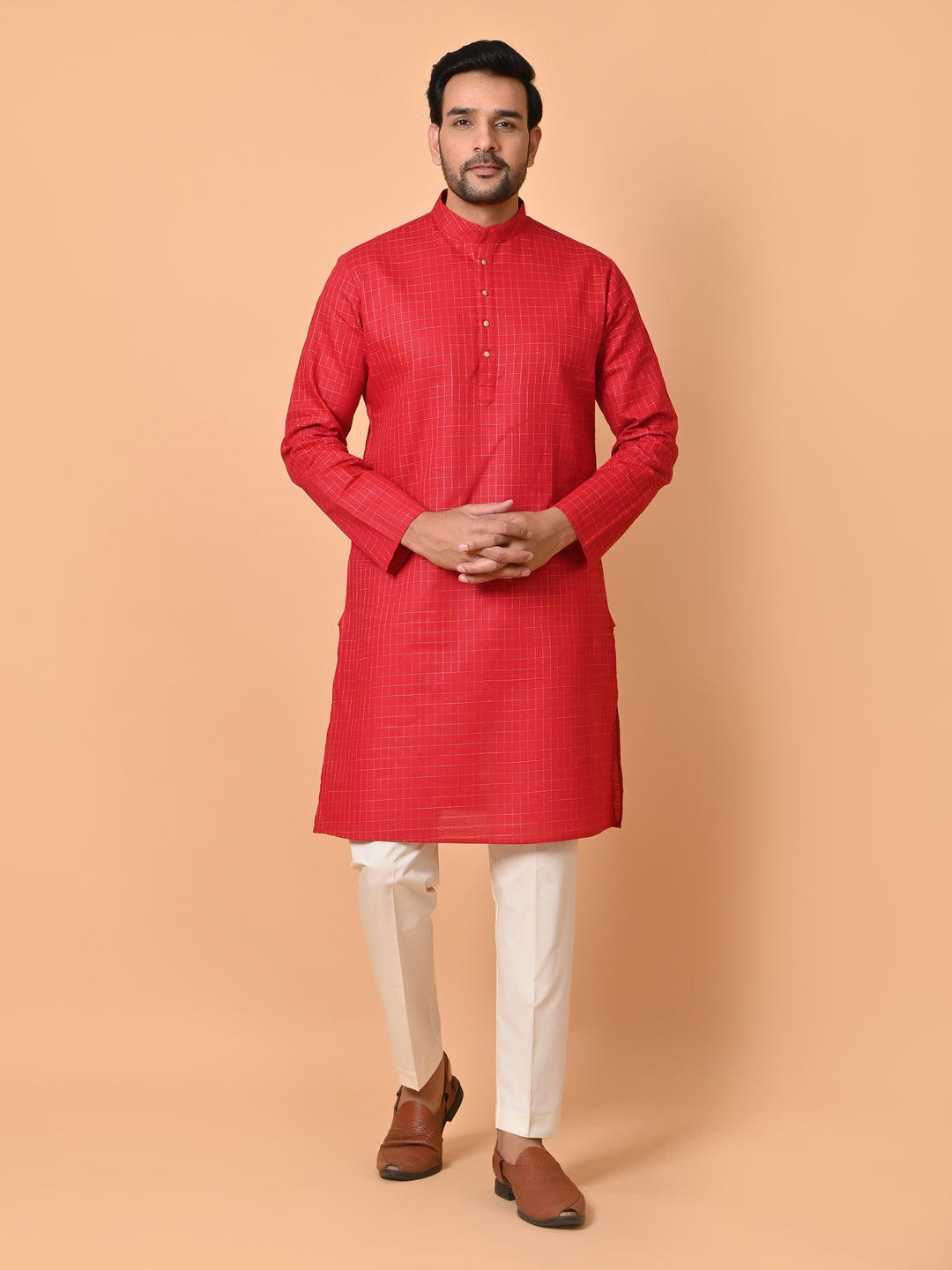 Checked Red Kurta Set - KM34341-14