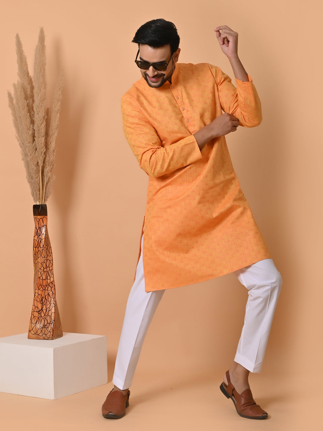 Checked Orange Kurta Set - KM34401-3