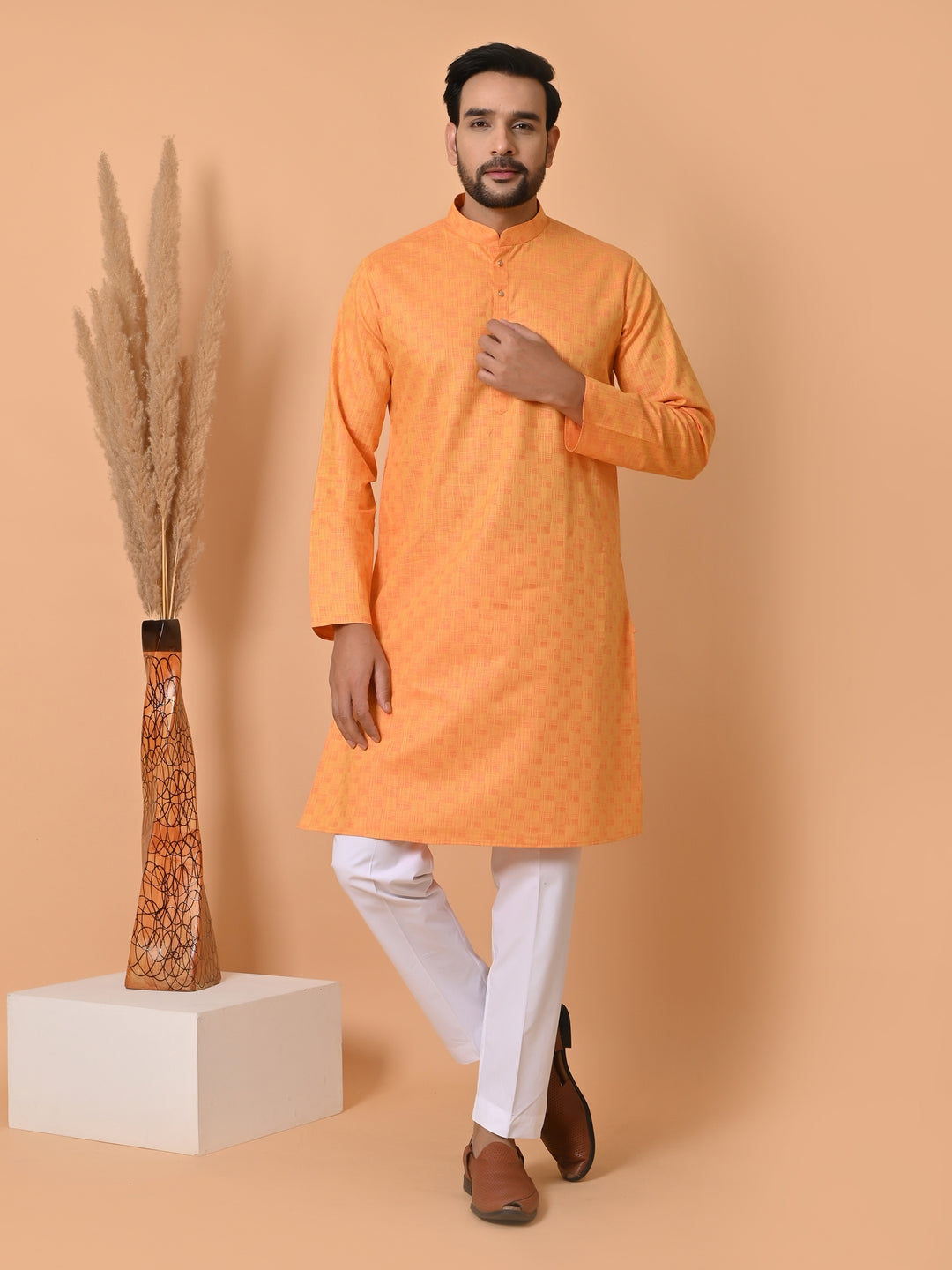 Checked Orange Kurta Set - KM34401-3