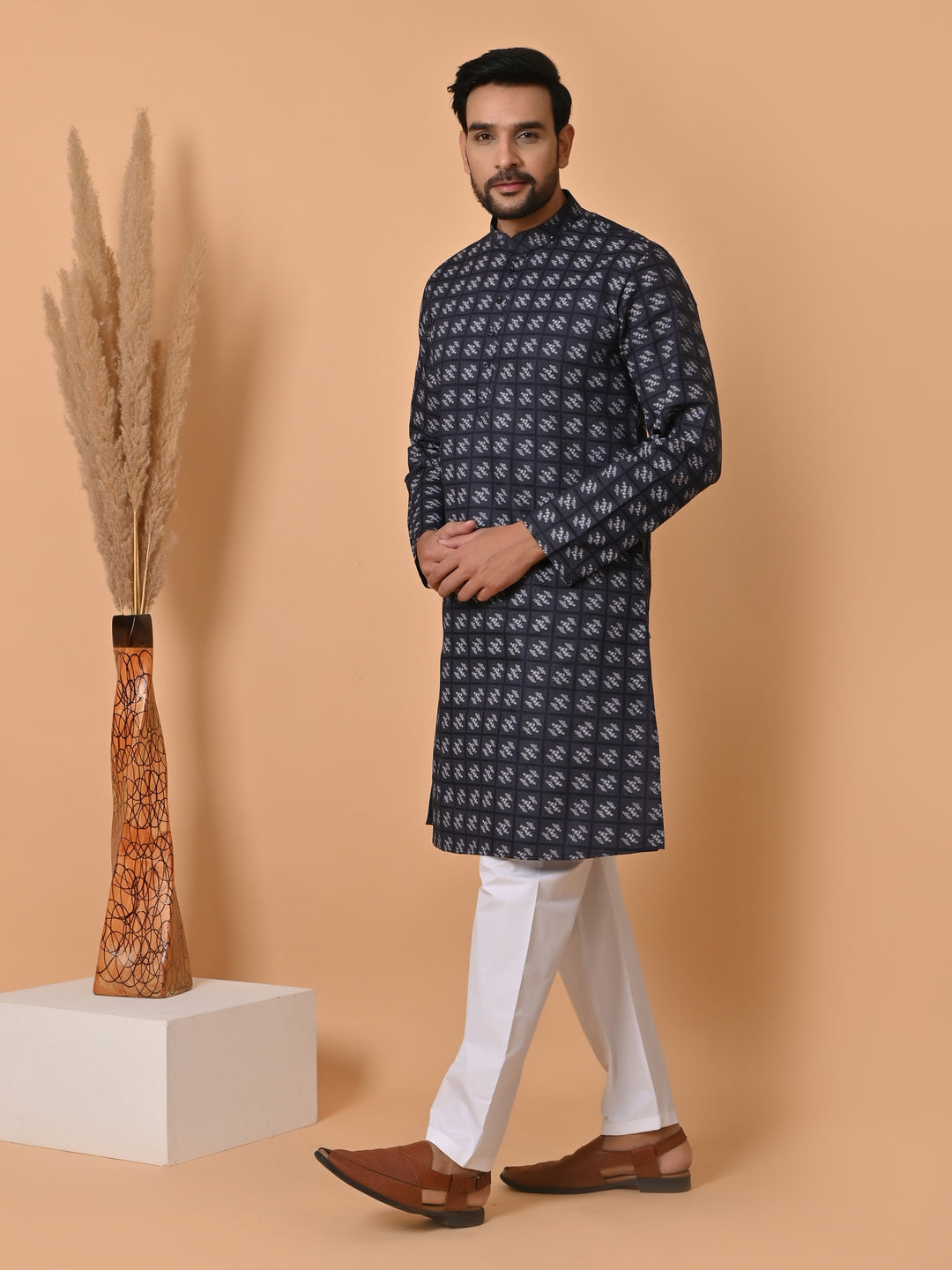 Checked Navy Blue Kurta Set - KR34067-11