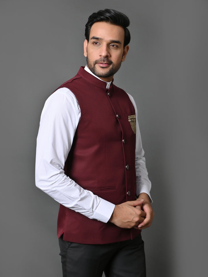 Solid Wine Nehru Jacket - B30153-89