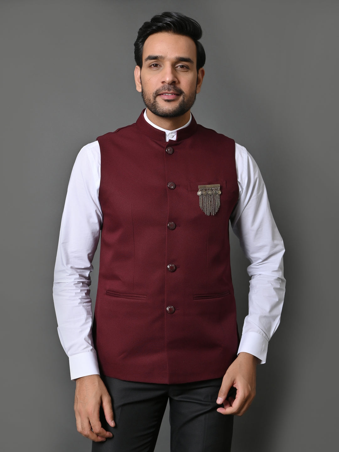 Solid Wine Nehru Jacket - B30153-89