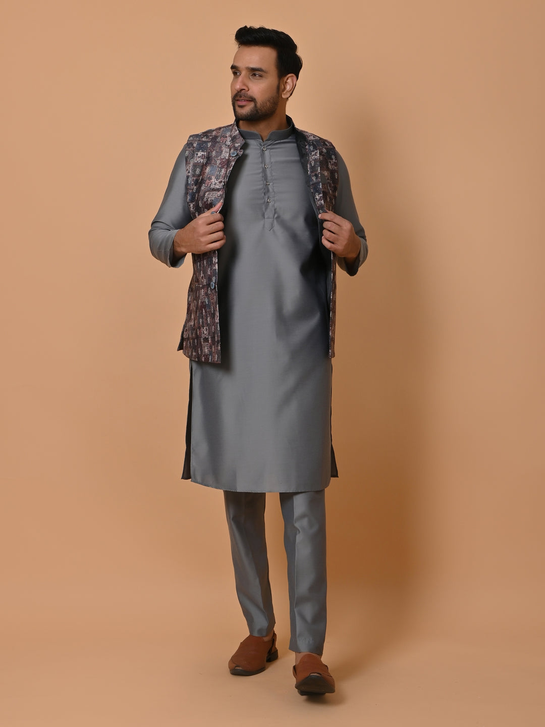 Ethnic Motifs Grey Jacket Kurta Set - JM36651-75