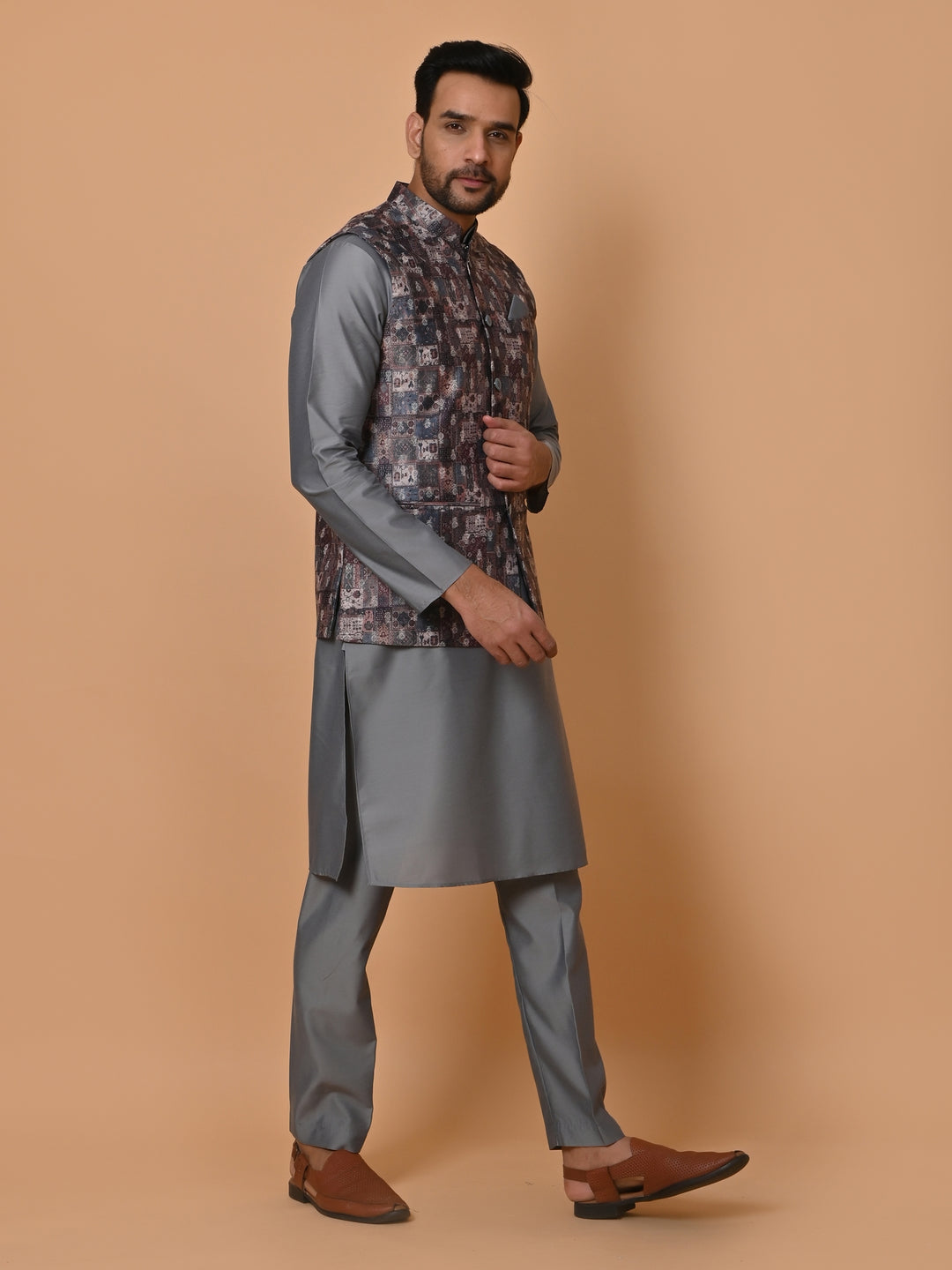 Ethnic Motifs Grey Jacket Kurta Set - JM36651-75