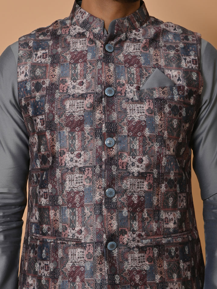 Ethnic Motifs Grey Jacket Kurta Set - JM36651-75