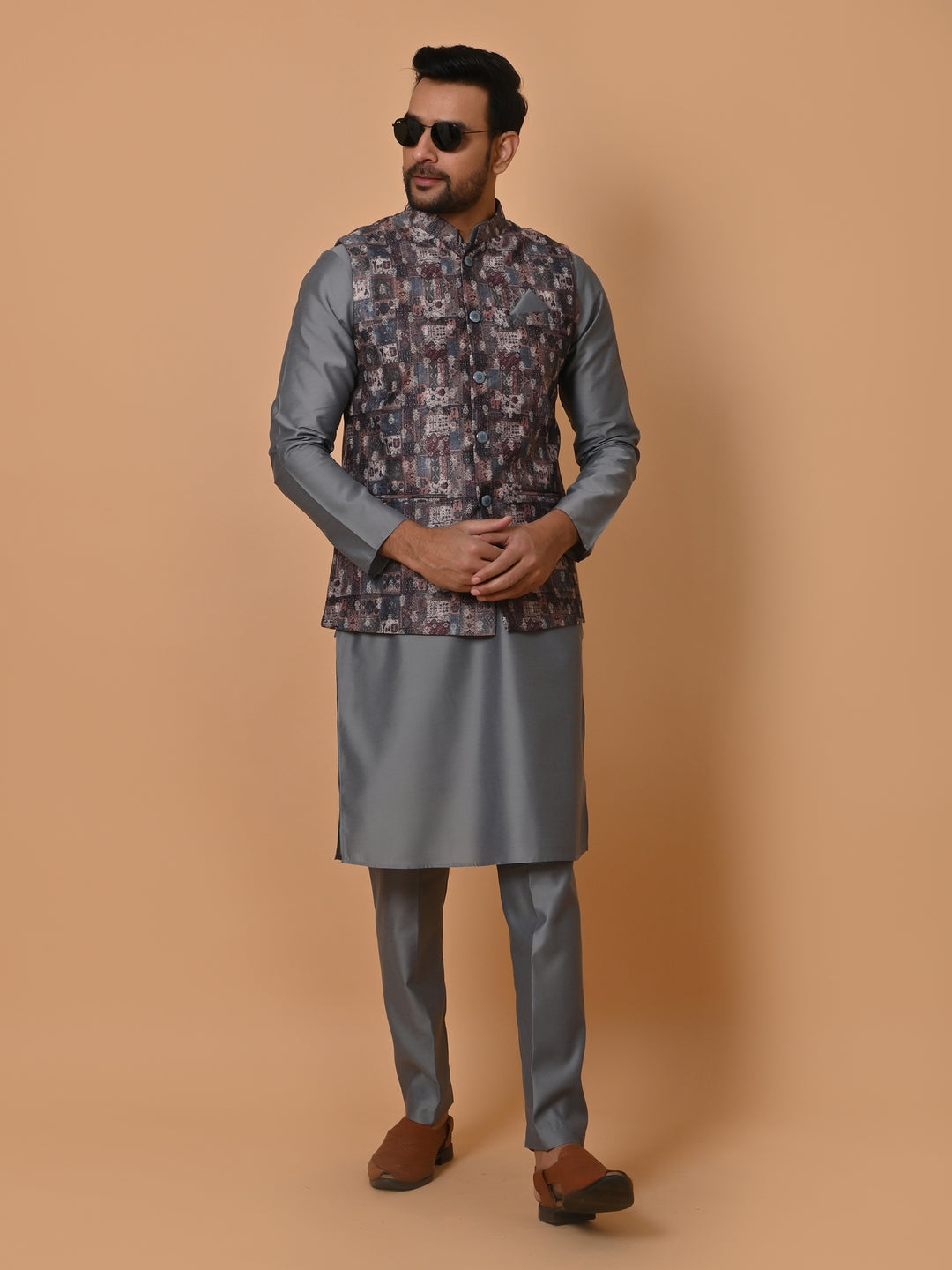 Ethnic Motifs Grey Jacket Kurta Set - JM36651-75