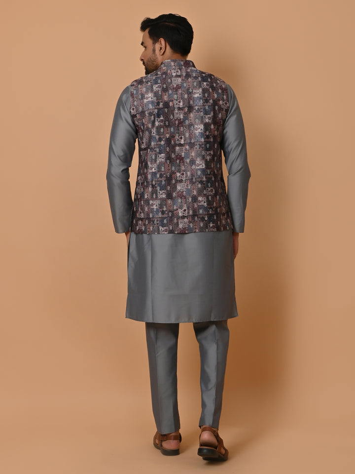 Ethnic Motifs Grey Jacket Kurta Set - JM36651-75