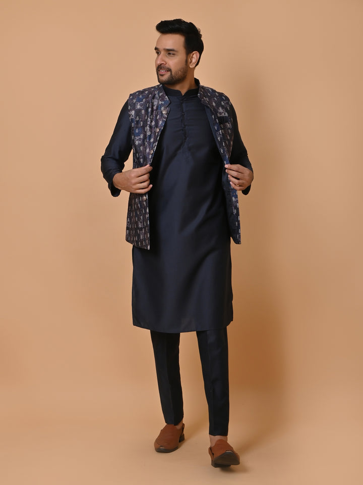 Ethnic Motifs Navy Blue Jacket Kurta Set - JM36651-155