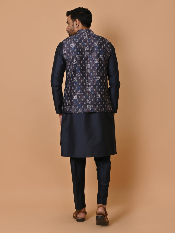 Ethnic Motifs Navy Blue Jacket Kurta Set - JM36651-155
