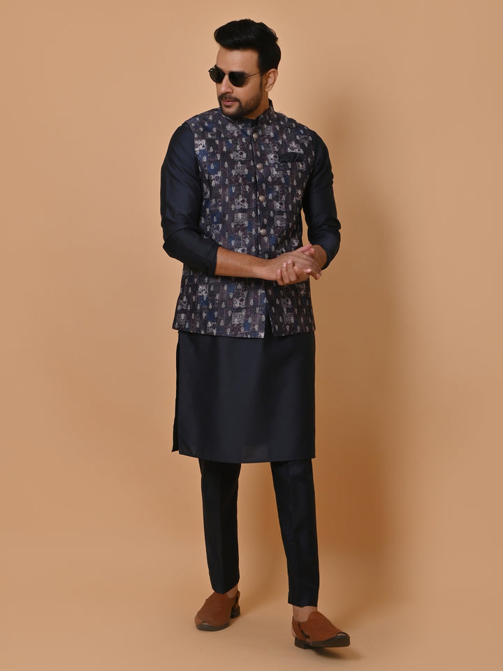 Ethnic Motifs Navy Blue Jacket Kurta Set - JM36651-155