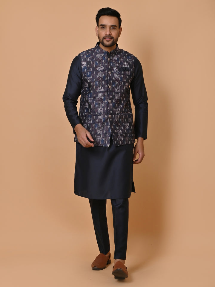 Ethnic Motifs Navy Blue Jacket Kurta Set - JM36651-155
