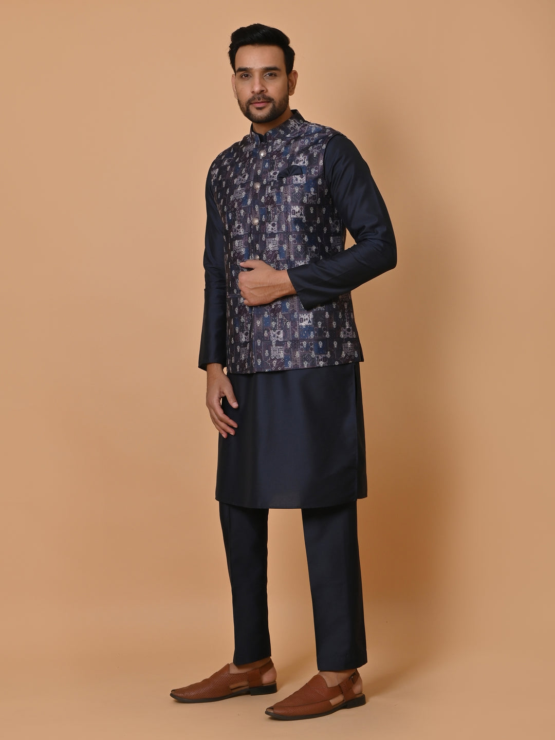 Ethnic Motifs Navy Blue Jacket Kurta Set - JM36651-155