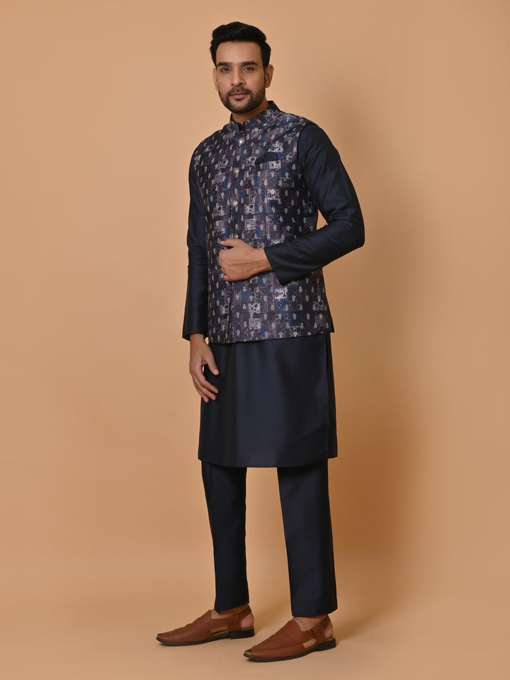Ethnic Motifs Navy Blue Jacket Kurta Set - JM36651-155
