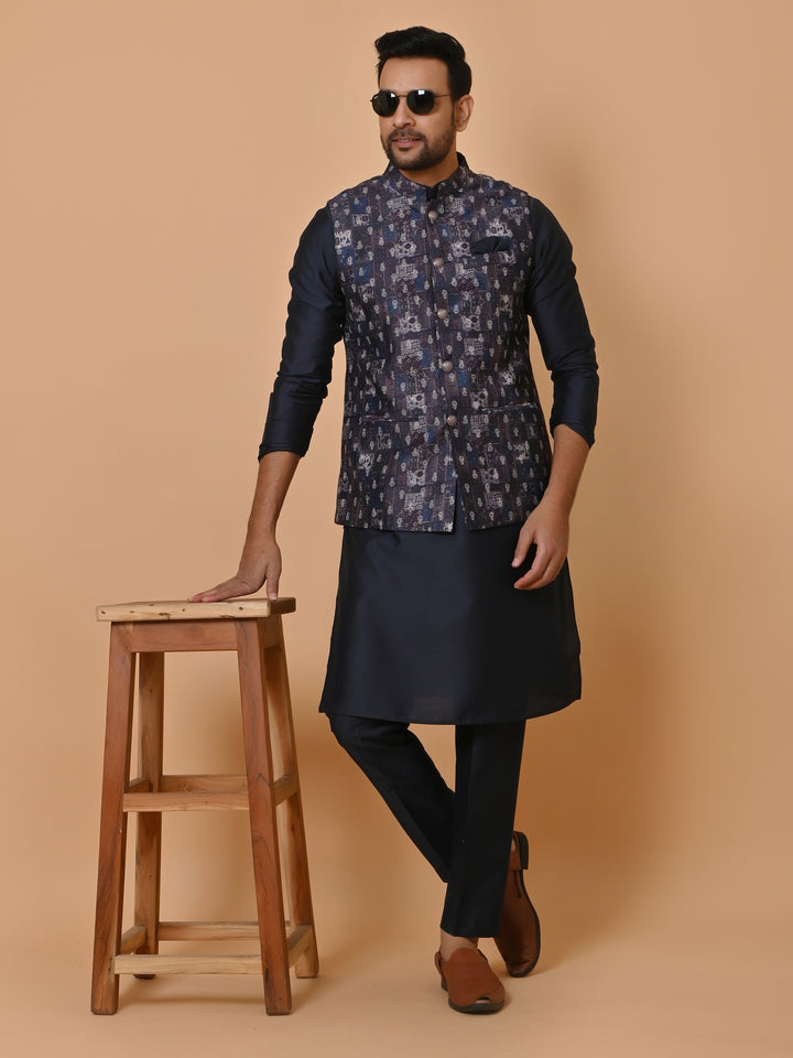 Ethnic Motifs Navy Blue Jacket Kurta Set - JM36651-155