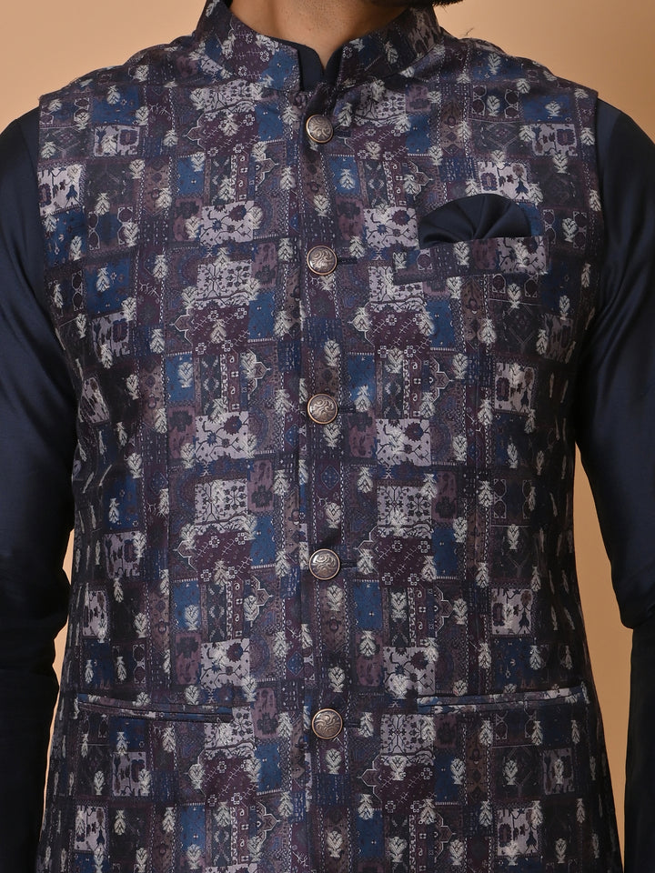 Ethnic Motifs Navy Blue Jacket Kurta Set - JM36651-155