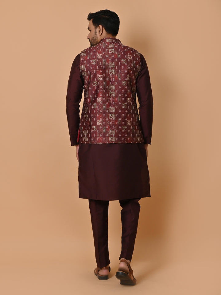 Ethnic Motifs Wine Jacket Kurta Set - JM36651-16