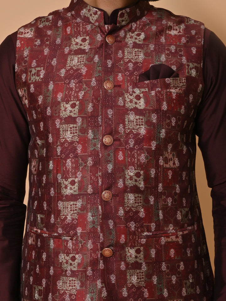 Ethnic Motifs Wine Jacket Kurta Set - JM36651-16