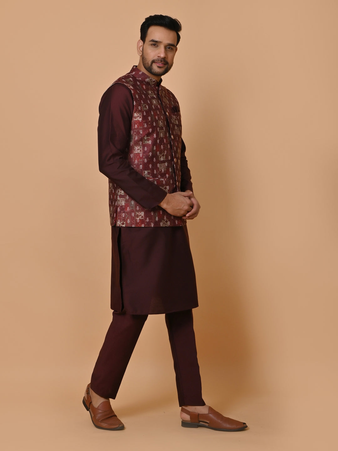 Ethnic Motifs Wine Jacket Kurta Set - JM36651-16