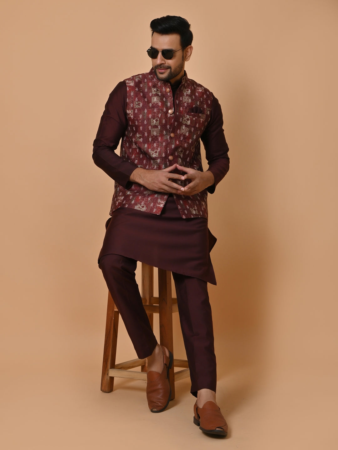 Ethnic Motifs Wine Jacket Kurta Set - JM36651-16