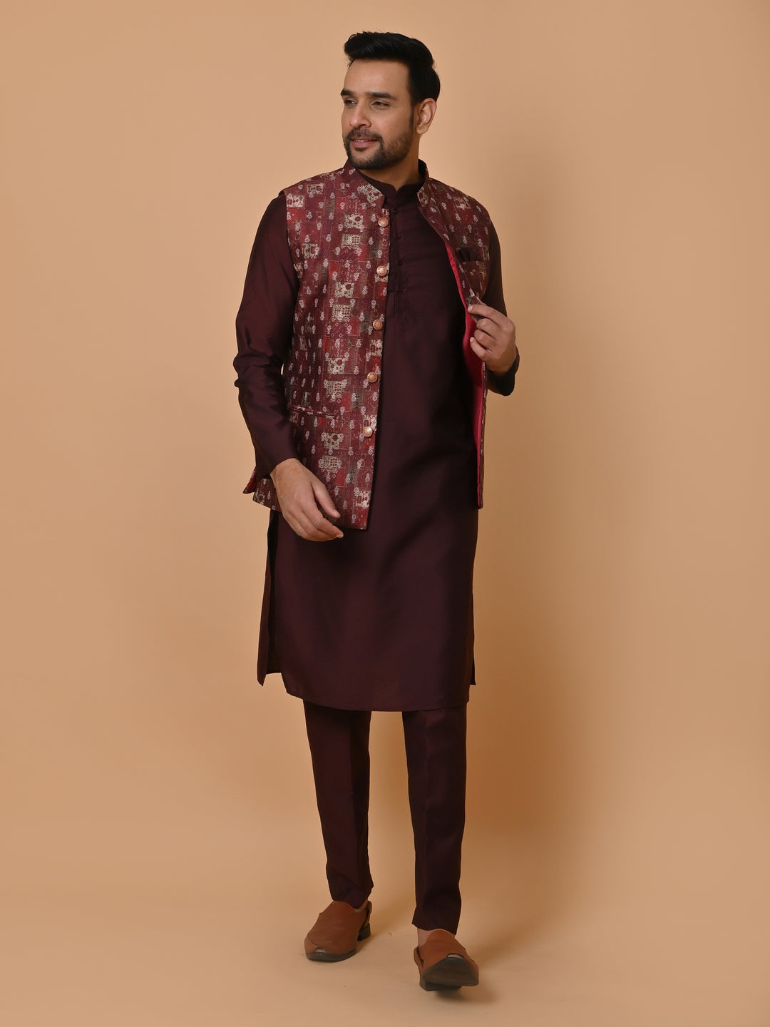 Ethnic Motifs Wine Jacket Kurta Set - JM36651-16