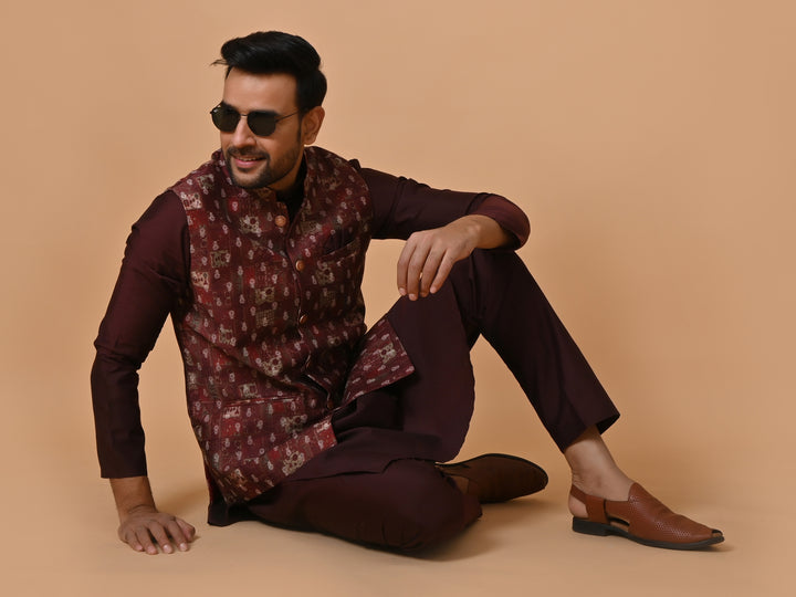 Ethnic Motifs Wine Jacket Kurta Set - JM36651-16