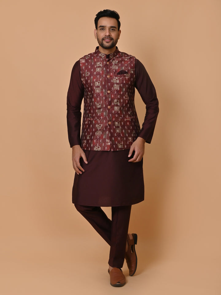 Ethnic Motifs Wine Jacket Kurta Set - JM36651-16