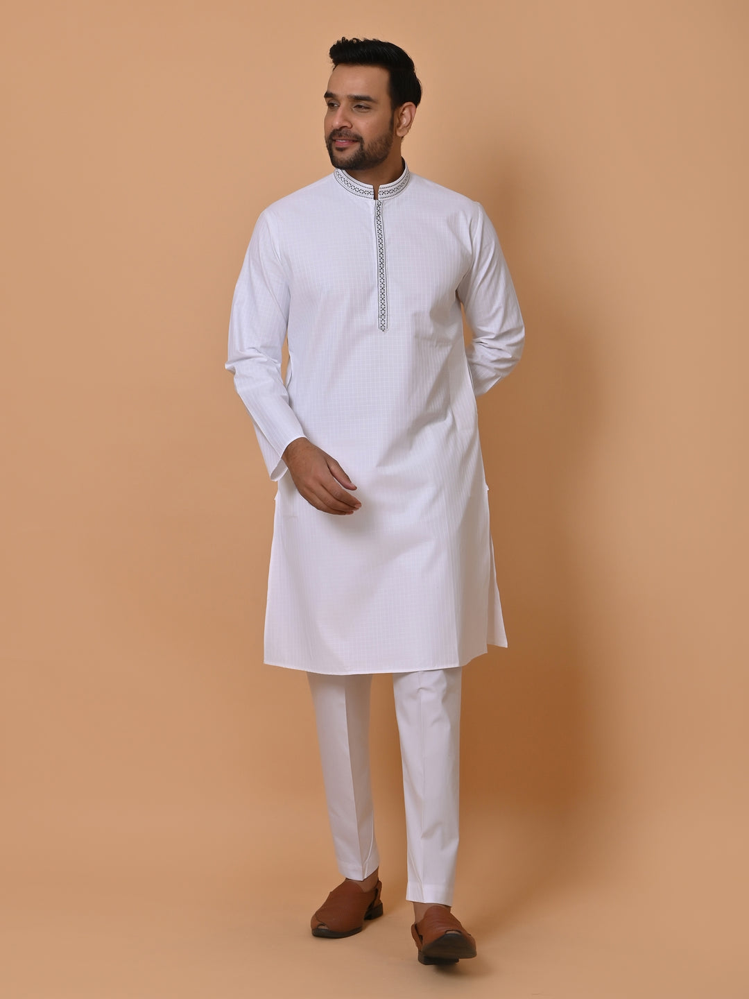 Embroidered White Kurta Set - KM36284-7