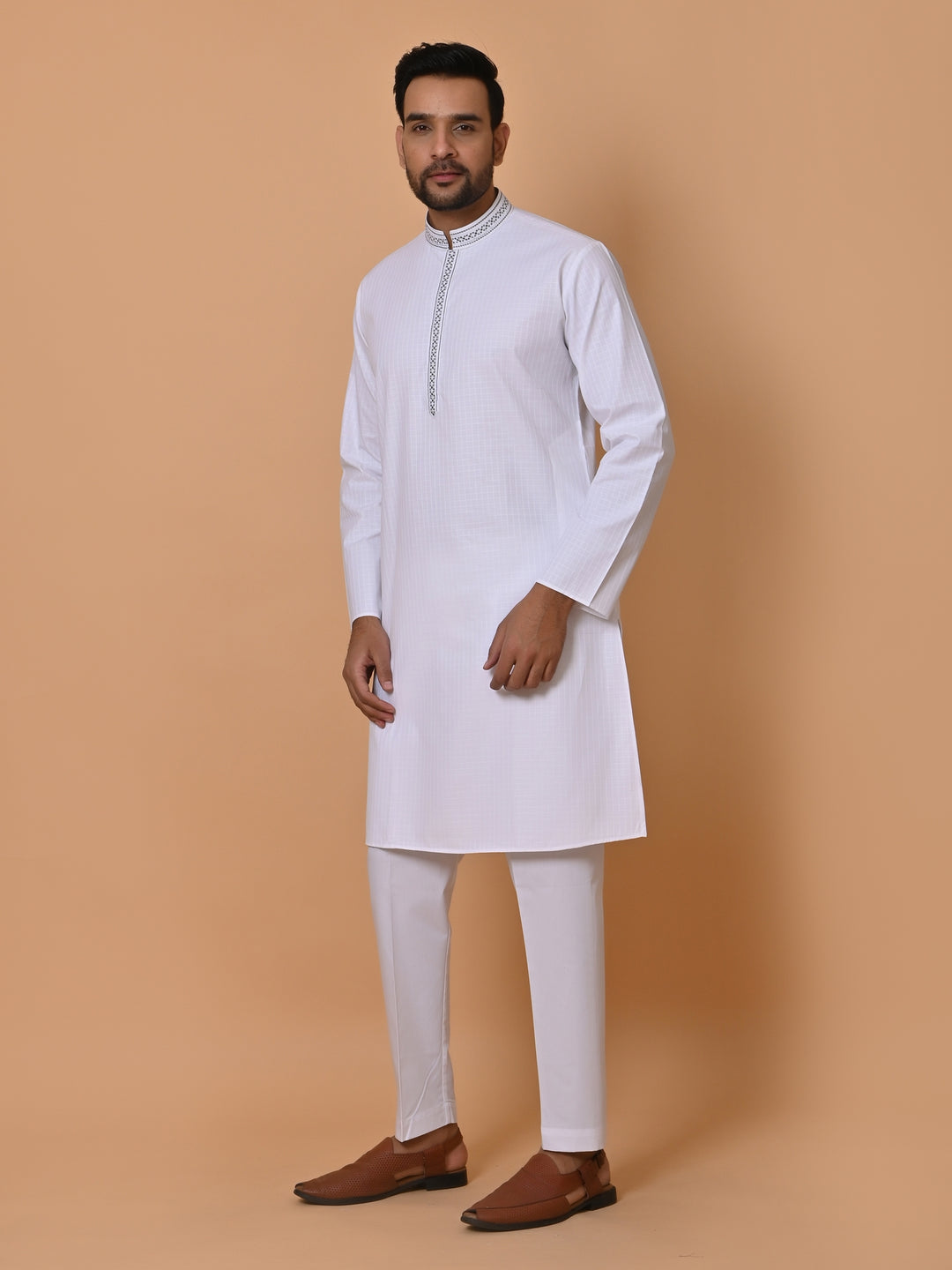 Embroidered White Kurta Set - KM36284-7