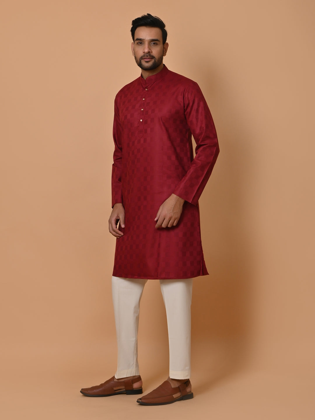 Checked Maroon Kurta Set - KM36995-511