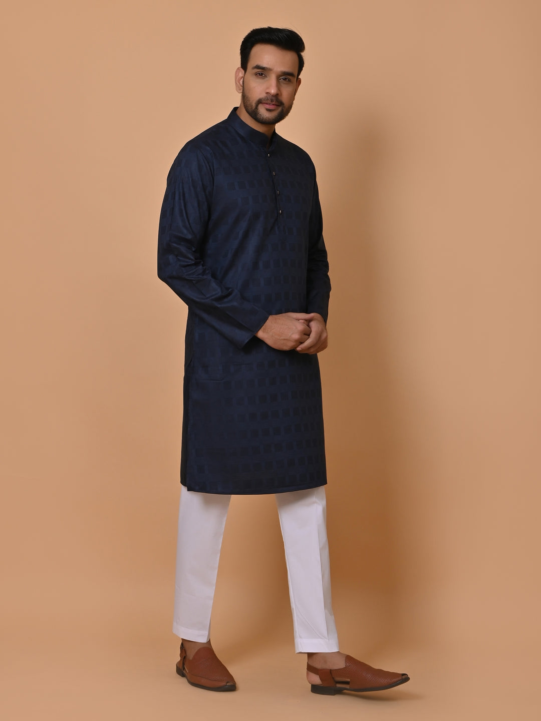 Checked Navy Blue Kurta Set - KM36995-501