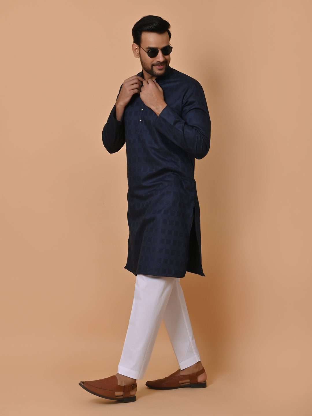 Checked Navy Blue Kurta Set - KM36995-501