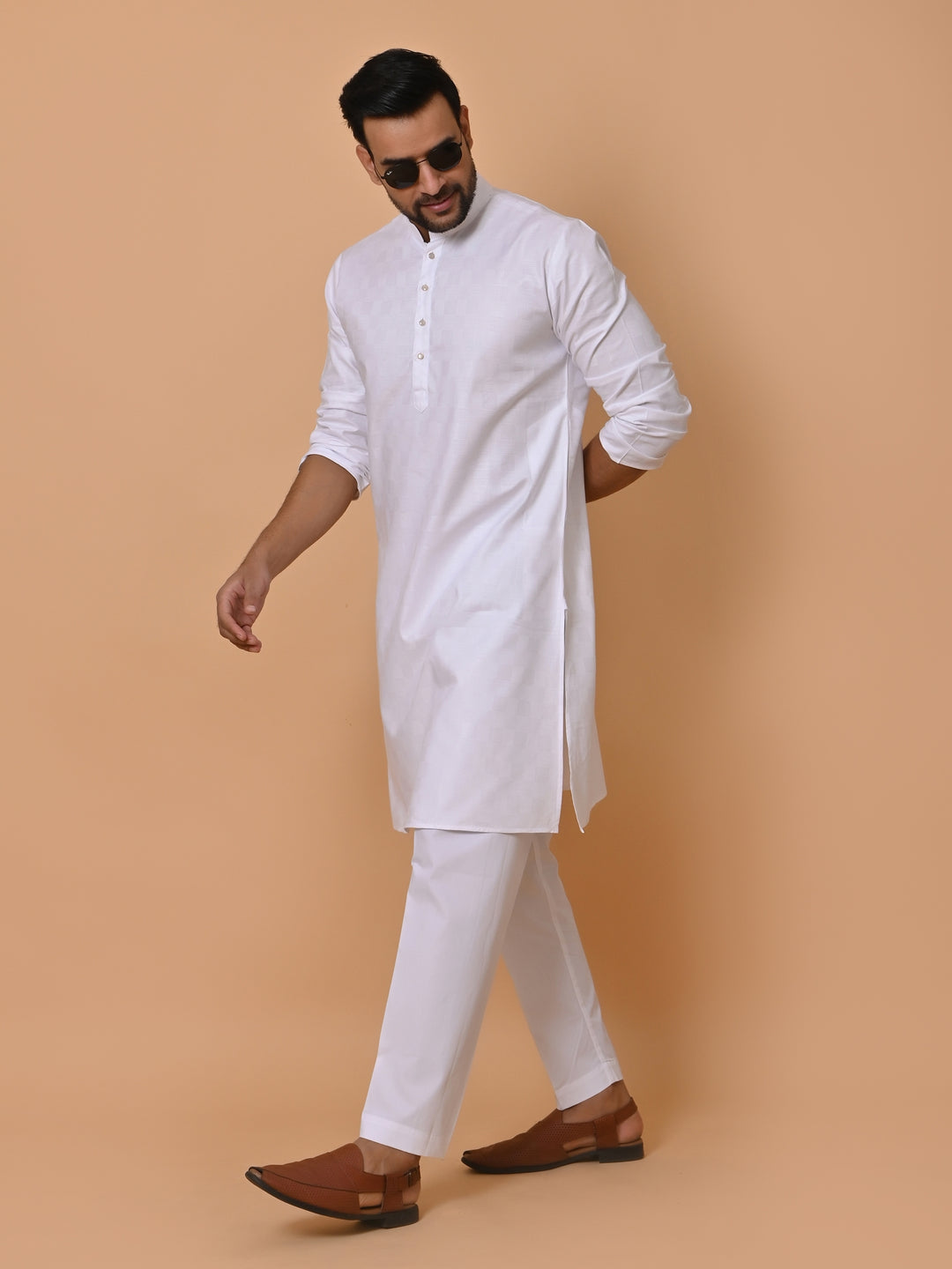 Checked White Kurta Set - KM36995-1