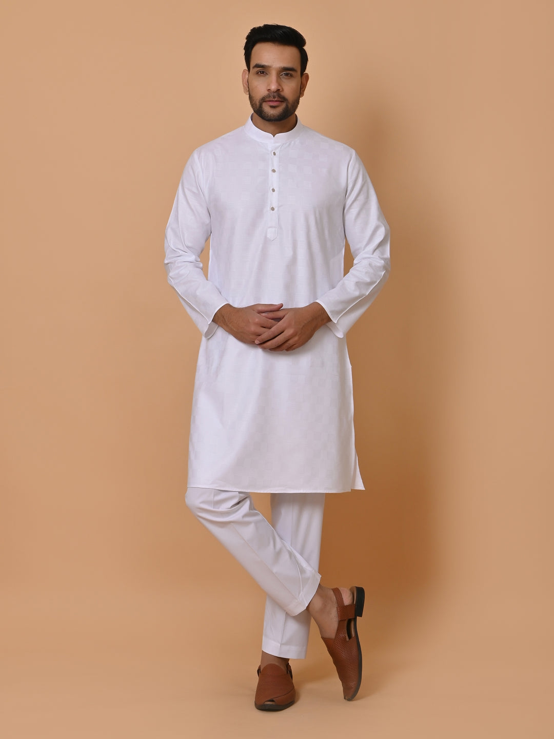 Checked White Kurta Set - KM36995-1