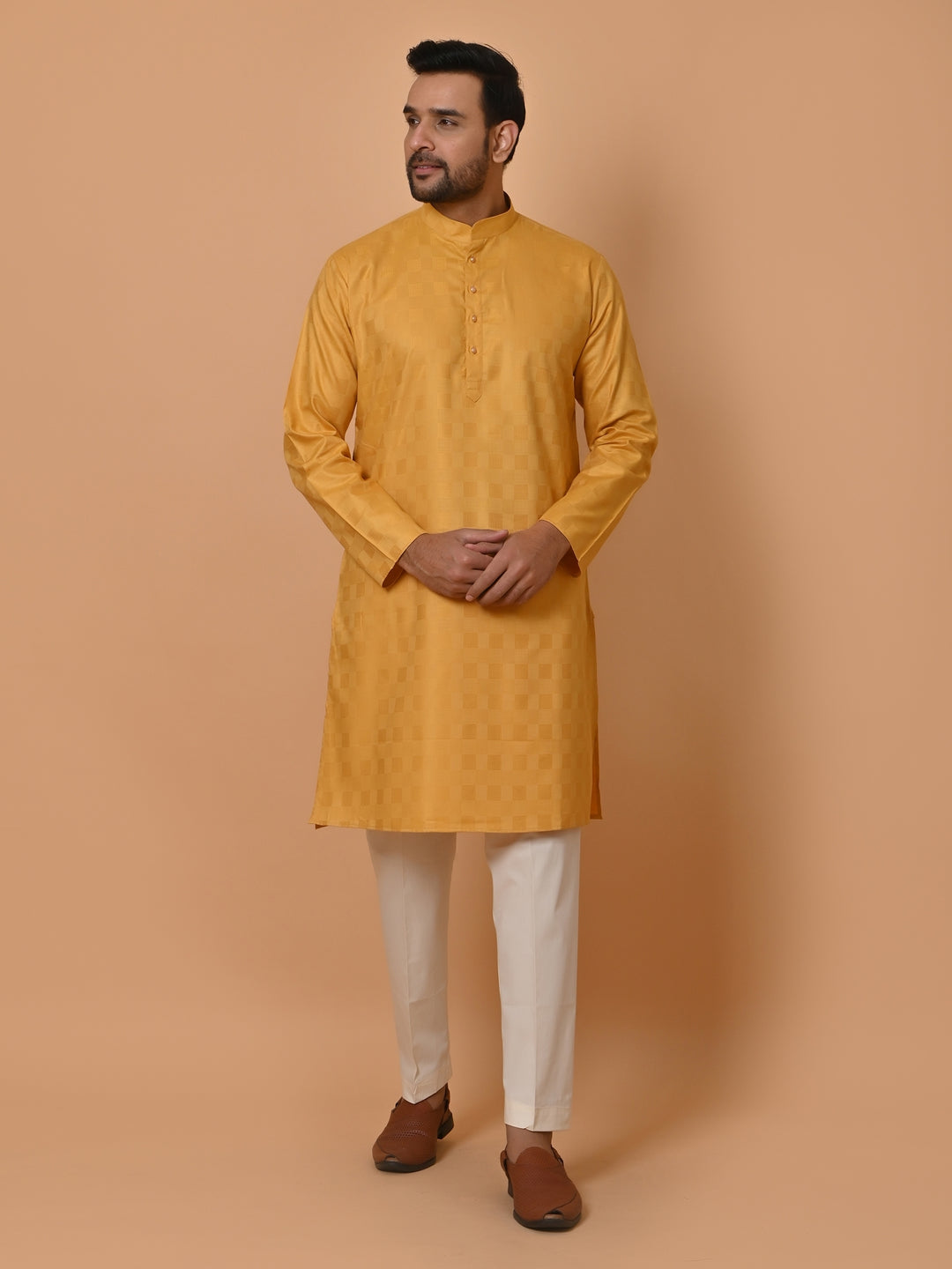 Checked Yellow Kurta Set - KM36995-105