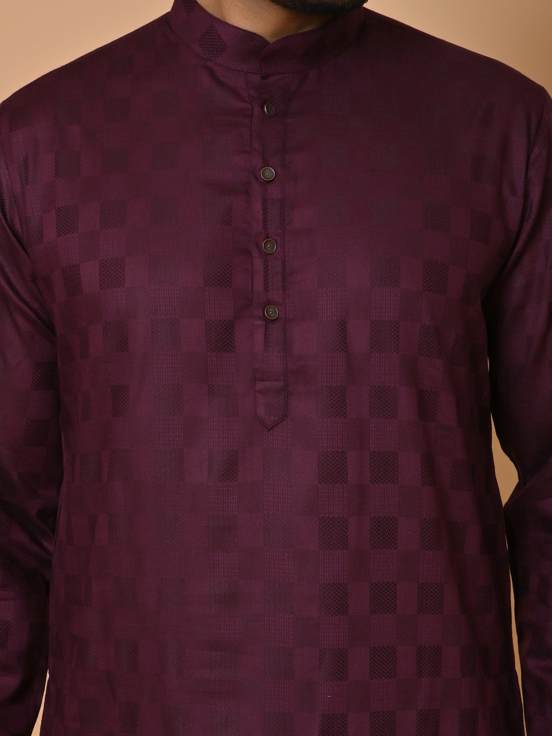 Checked Wine Kurta Set - KM36995-7