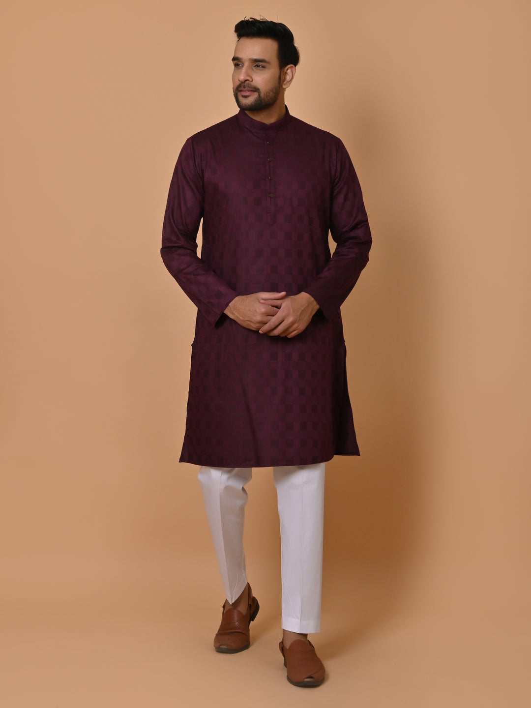 Checked Wine Kurta Set - KM36995-7