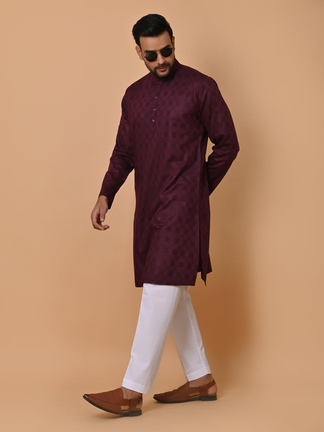 Checked Wine Kurta Set - KM36995-7